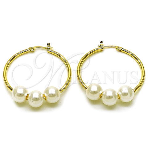 Argolla Mediana 02.213.0855.40 Oro Laminado, Diseño de Bola, con Marfil Perla, Pulido, Tono Dorado
