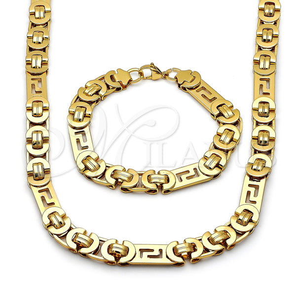 Collar y Pulsera 06.440.0003 Acero Inoxidable, Diseño de Llave Griega, Pulido, Tono Dorado