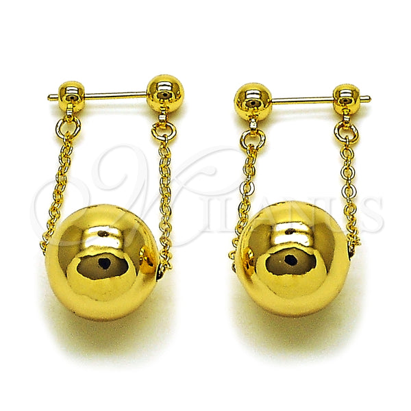 Arete Largo 02.282.0084 Oro Laminado, Diseño de Bola y Rolo, Pulido, Tono Dorado