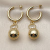 Arete Largo 02.282.0085 Oro Laminado, Diseño de Bola, con Blanca Cristal, Pulido, Tono Dorado