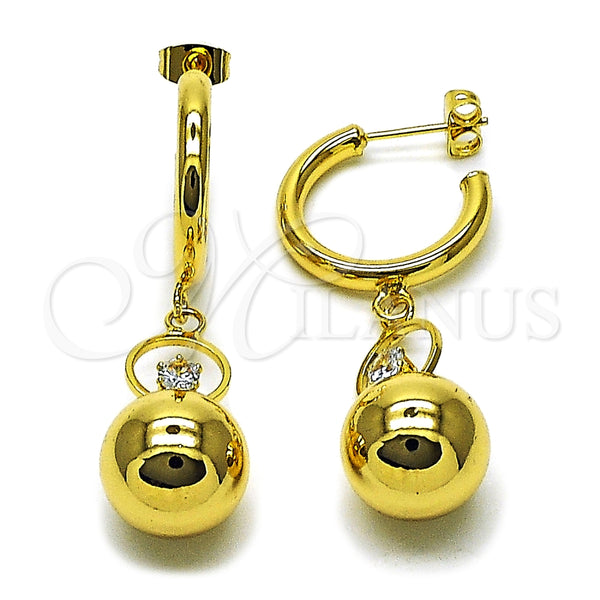 Arete Largo 02.282.0085 Oro Laminado, Diseño de Bola, con Blanca Cristal, Pulido, Tono Dorado