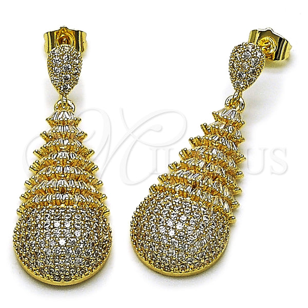 Arete Colgante 02.283.0349 Oro Laminado, Diseño de Gota y Baguette, con Blanca Zirconia Cubica, Pulido, Tono Dorado
