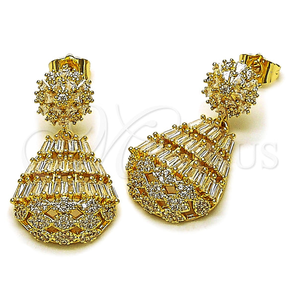 Arete Colgante 02.283.0350 Oro Laminado, Diseño de Gota y Baguette, con Blanca Zirconia Cubica and Blanca Micro Pave, Pulido, Tono Dorado