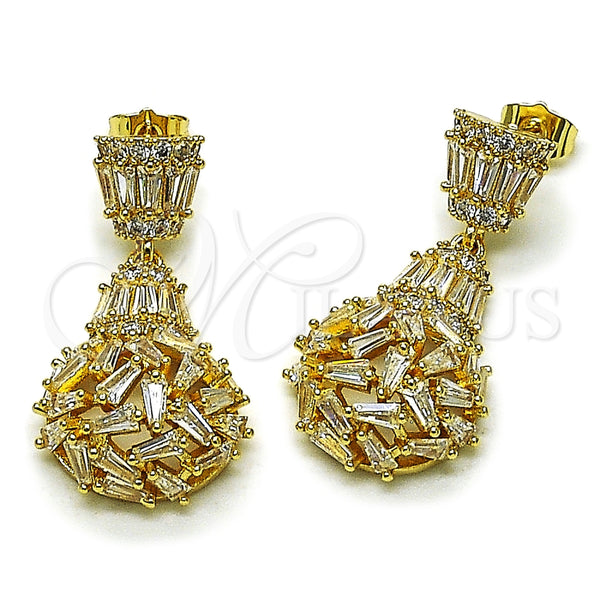 Arete Colgante 02.283.0351 Oro Laminado, Diseño de Gota y Baguette, con Blanca Zirconia Cubica, Pulido, Tono Dorado