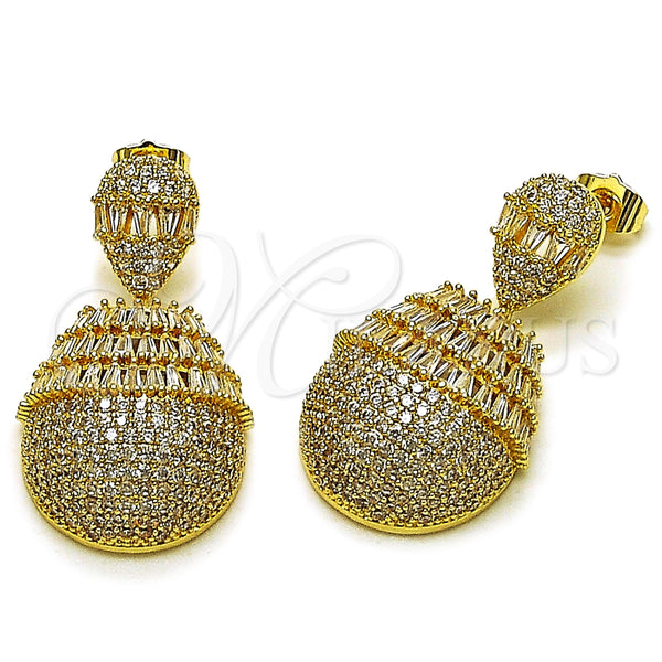 Arete Colgante 02.283.0352 Oro Laminado, Diseño de Gota y Baguette, con Blanca Zirconia Cubica, Pulido, Tono Dorado