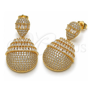 Arete Colgante 02.283.0352 Oro Laminado, Diseño de Gota y Baguette, con Zirconia Cubica Blanca, Pulido, Tono Dorado