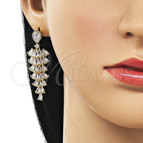 Arete Largo 02.283.0353 Oro Laminado, Diseño de Gota, con Blanca Zirconia Cubica, Pulido, Tono Dorado