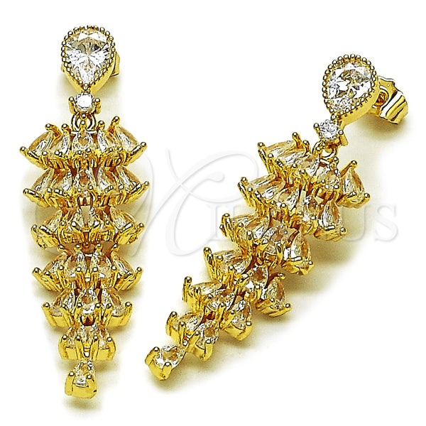 Arete Largo 02.283.0353 Oro Laminado, Diseño de Gota, con Blanca Zirconia Cubica, Pulido, Tono Dorado