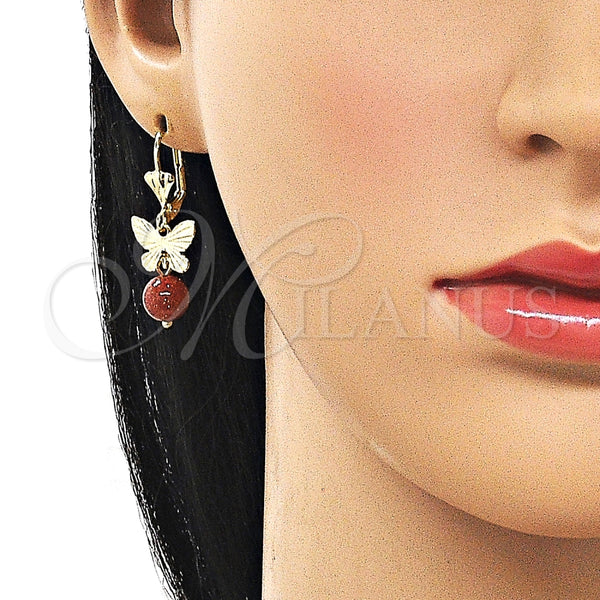 Arete Largo 02.213.0864 Oro Laminado, Diseño de Mariposa y Bola, con Onix Negro Goldstone Venturina, Diamantado, Tono Dorado
