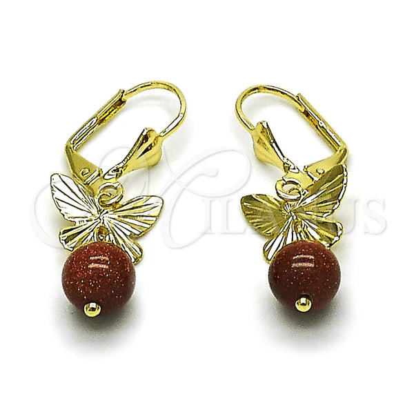 Arete Largo 02.213.0864 Oro Laminado, Diseño de Mariposa y Bola, con Onix Negro Goldstone Venturina, Diamantado, Tono Dorado