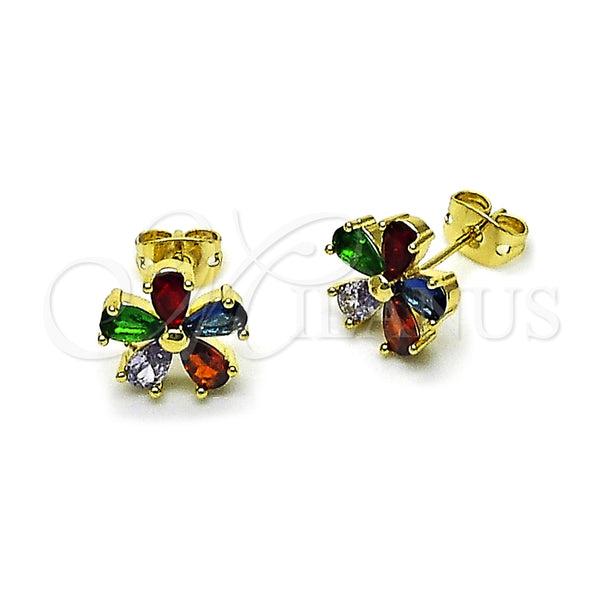 Arete Dormilona 02.213.0867 Oro Laminado, Diseño de Flor, con Multicolor Zirconia Cubica, Pulido, Tono Dorado