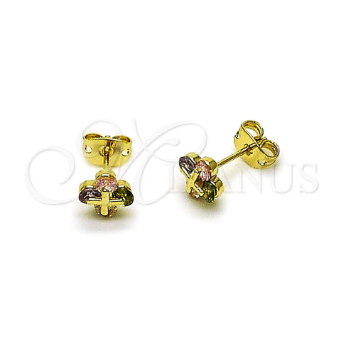 Arete Dormilona 02.213.0871 Oro Laminado, Diseño de Trébol de Cuatro Hojas, con Multicolor Zirconia Cubica, Pulido, Tono Dorado