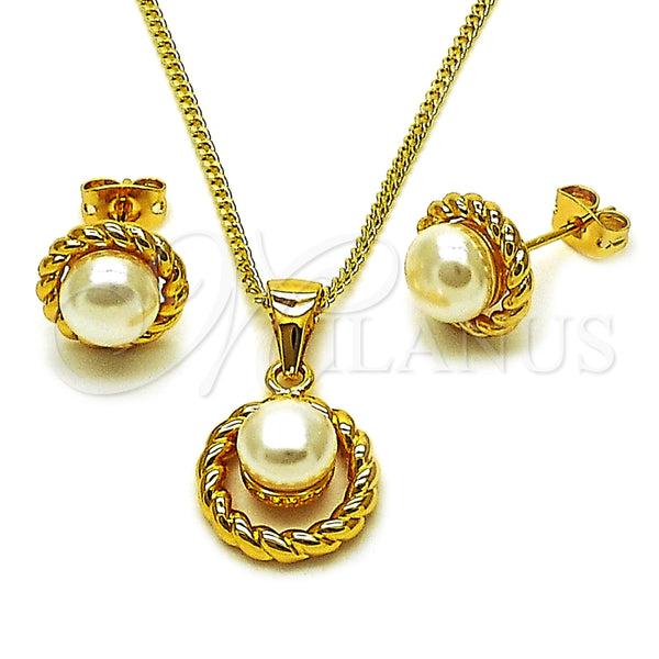 Juego de Arete y Dije de Adulto 10.342.0262 Oro Laminado, Diseño de Bola y Torcido, con Marfil Perla, Pulido, Tono Dorado
