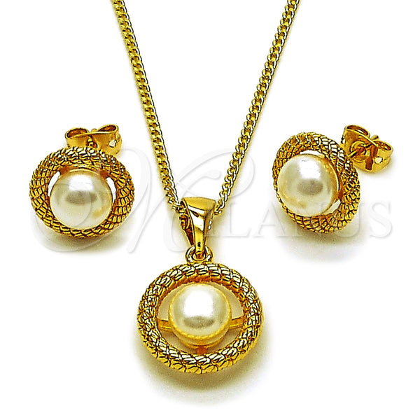 Juego de Arete y Dije de Adulto 10.342.0265 Oro Laminado, Diseño de Bola y Rope, con Marfil Perla, Diamantado, Tono Dorado