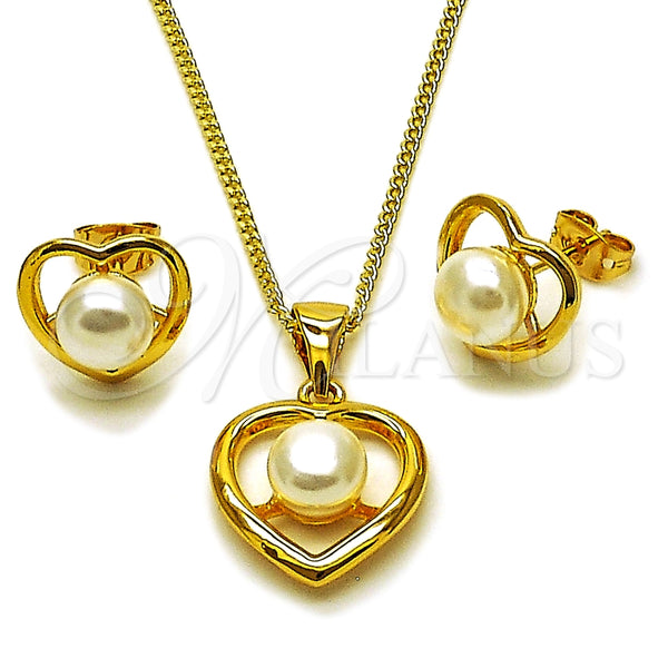 Juego de Arete y Dije de Adulto 10.342.0266 Oro Laminado, Diseño de Corazón y Bola, con Marfil Perla, Pulido, Tono Dorado