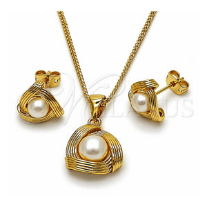 Juego de Arete y Dije de Adulto 10.342.0267 Oro Laminado, Diseño de Bola y Nudo, con Perla Marfil, Diamantado, Tono Dorado