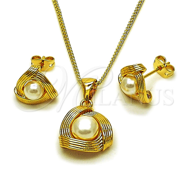 Juego de Arete y Dije de Adulto 10.342.0267 Oro Laminado, Diseño de Bola y Nudo, con Marfil Perla, Diamantado, Tono Dorado
