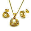 Juego de Arete y Dije de Adulto 10.342.0267 Oro Laminado, Diseño de Bola y Nudo, con Marfil Perla, Diamantado, Tono Dorado