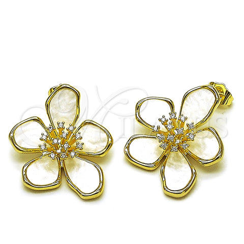 Arete Dormilona 02.436.0013 Oro Laminado, Diseño de Flor, con Madre Perla Marfil y Zirconia Cubica Blanca, Pulido, Tono Dorado