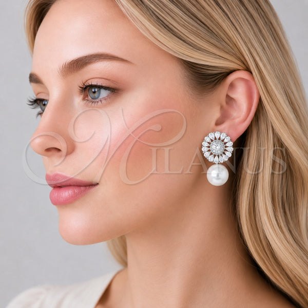 Arete Dormilona 02.436.0015 Oro Laminado, Diseño de Bola y Cluster, con Zirconia Cubica Blanca y Perla Marfil, Pulido, Tono Dorado