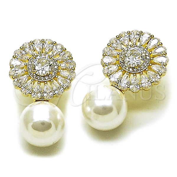 Arete Dormilona 02.436.0015 Oro Laminado, Diseño de Bola y Cluster, con Zirconia Cubica Blanca y Perla Marfil, Pulido, Tono Dorado