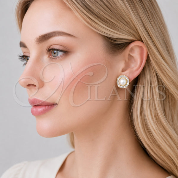 Arete Dormilona 02.436.0016 Oro Laminado, Diseño de Cluster y Baguette, con Zirconia Cubica Blanca y Perla Marfil, Pulido, Tono Dorado