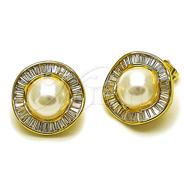 Arete Dormilona 02.436.0016 Oro Laminado, Diseño de Cluster y Baguette, con Zirconia Cubica Blanca y Perla Marfil, Pulido, Tono Dorado