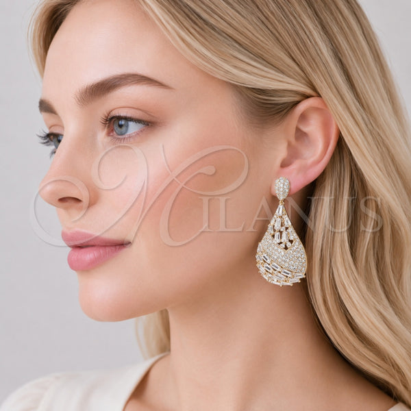 Arete Colgante 02.436.0017 Oro Laminado, Diseño de Gota y Baguette, con Zirconia Cubica Blanca, Pulido, Tono Dorado