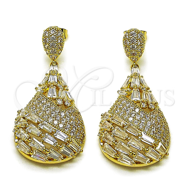 Arete Colgante 02.436.0017 Oro Laminado, Diseño de Gota y Baguette, con Zirconia Cubica Blanca, Pulido, Tono Dorado