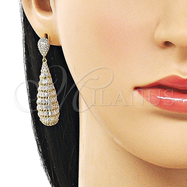 Arete Colgante 02.436.0018 Oro Laminado, Diseño de Gota y Baguette, con Blanca Zirconia Cubica, Pulido, Tono Dorado