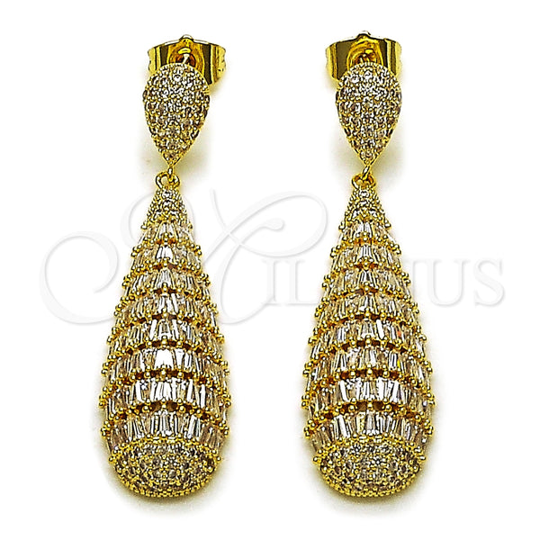 Arete Colgante 02.436.0018 Oro Laminado, Diseño de Gota y Baguette, con Blanca Zirconia Cubica, Pulido, Tono Dorado