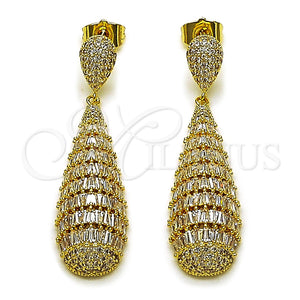 Arete Colgante 02.436.0018 Oro Laminado, Diseño de Gota y Baguette, con Blanca Zirconia Cubica, Pulido, Tono Dorado