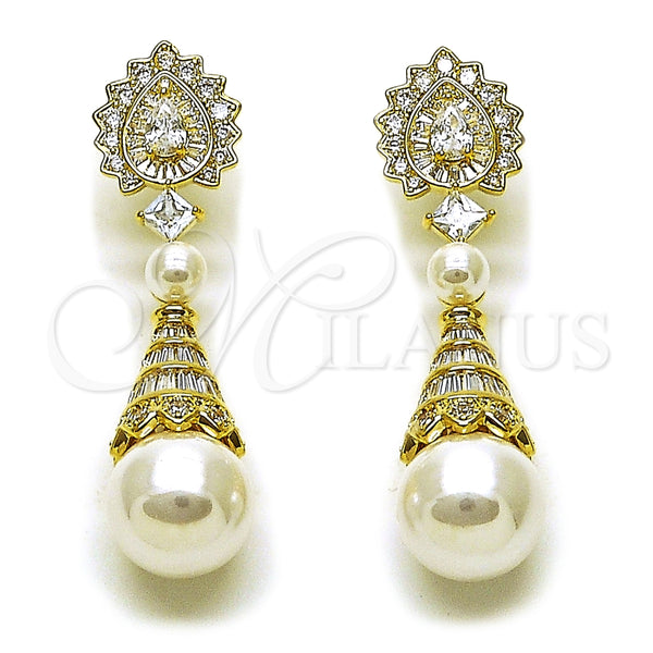 Arete Colgante 02.436.0020 Oro Laminado, Diseño de Gota y Corazón, con Zirconia Cubica Blanca y Perla Marfil, Pulido, Tono Dorado