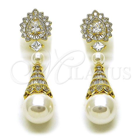 Arete Colgante 02.436.0020 Oro Laminado, Diseño de Gota y Corazón, con Zirconia Cubica Blanca y Perla Marfil, Pulido, Tono Dorado