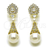 Arete Colgante 02.436.0020 Oro Laminado, Diseño de Gota y Corazón, con Zirconia Cubica Blanca y Perla Marfil, Pulido, Tono Dorado