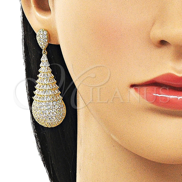 Arete Colgante 02.436.0021 Oro Laminado, Diseño de Gota y Baguette, con Blanca Zirconia Cubica, Pulido, Tono Dorado