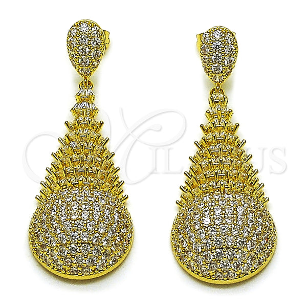 Arete Colgante 02.436.0021 Oro Laminado, Diseño de Gota y Baguette, con Blanca Zirconia Cubica, Pulido, Tono Dorado