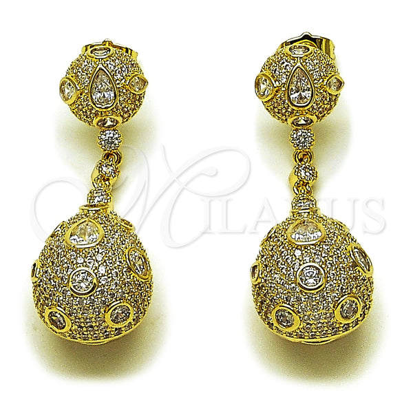 Arete Largo 02.436.0023 Oro Laminado, Diseño de Gota, con Blanca Zirconia Cubica, Pulido, Tono Dorado