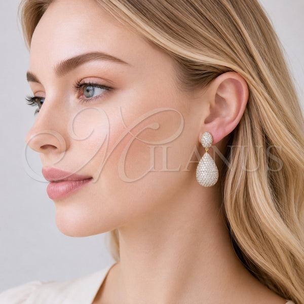 Arete Colgante 02.436.0024 Oro Laminado, Diseño de Gota, con Zirconia Cubica Blanca, Pulido, Tono Dorado
