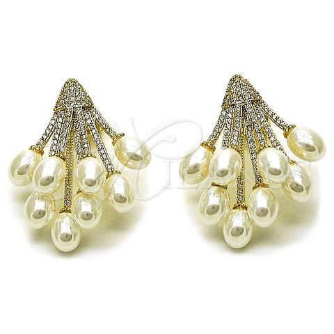 Arete Dormilona 02.436.0025 Oro Laminado, Diseño de Flor, con Perla Marfil y Micro Pave Blanca, Pulido, Tono Dorado