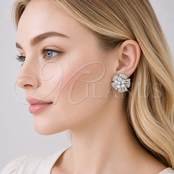 Arete Dormilona 02.436.0026 Oro Laminado, Diseño de Flor y Baguette, con Zirconia Cubica Blanca, Pulido, Tono Dorado
