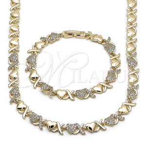 Collar y Pulsera 06.266.0002.18 Oro Laminado, Diseño de Besos y Abrazos y Corazón, con Zirconia Cubica Blanca, Pulido, Tono Dorado
