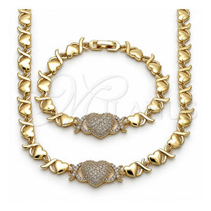 Collar y Pulsera 06.266.0003.18 Oro Laminado, Diseño de Corazón y Besos y Abrazos, con Zirconia Cubica Blanca, Pulido, Tono Dorado
