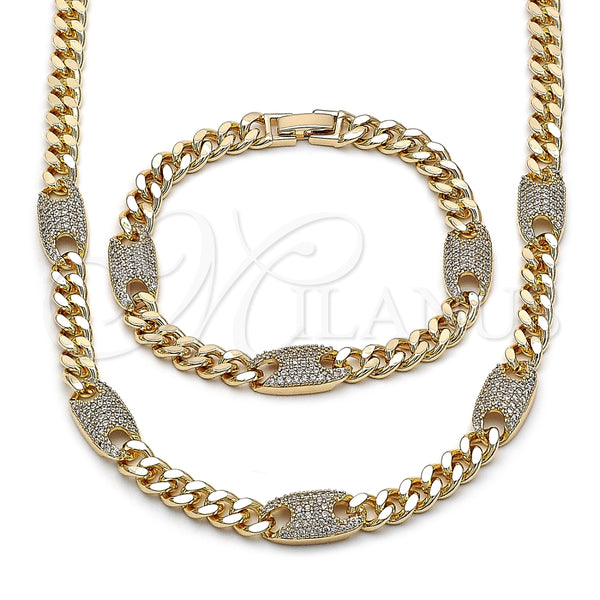 Collar y Pulsera 06.266.0004.18 Oro Laminado, Diseño de Miami Cubana, con Zirconia Cubica Blanca, Pulido, Tono Dorado
