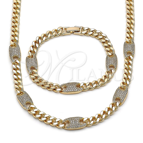 Collar y Pulsera 06.266.0004.18 Oro Laminado, Diseño de Miami Cubana, con Zirconia Cubica Blanca, Pulido, Tono Dorado