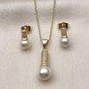 Juego de Arete y Dije de Adulto 10.156.0549 Oro Laminado, Diseño de Bola, con Perla Marfil y Micro Pave Blanca, Diamantado, Tono Dorado