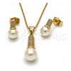 Juego de Arete y Dije de Adulto 10.156.0549 Oro Laminado, Diseño de Bola, con Perla Marfil y Micro Pave Blanca, Diamantado, Tono Dorado