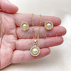 Juego de Arete y Dije de Adulto 10.156.0551 Oro Laminado, Diseño de Cluster y Bola, con Micro Pave Blanca y Perla Marfil, Pulido, Tono Dorado