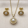 Juego de Arete y Dije de Adulto 10.156.0551 Oro Laminado, Diseño de Cluster y Bola, con Micro Pave Blanca y Perla Marfil, Pulido, Tono Dorado