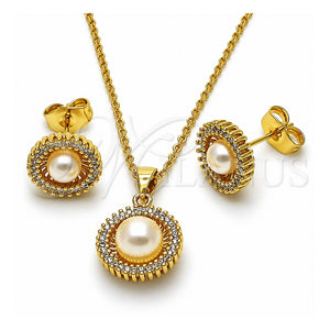 Juego de Arete y Dije de Adulto 10.156.0551 Oro Laminado, Diseño de Cluster y Bola, con Micro Pave Blanca y Perla Marfil, Pulido, Tono Dorado